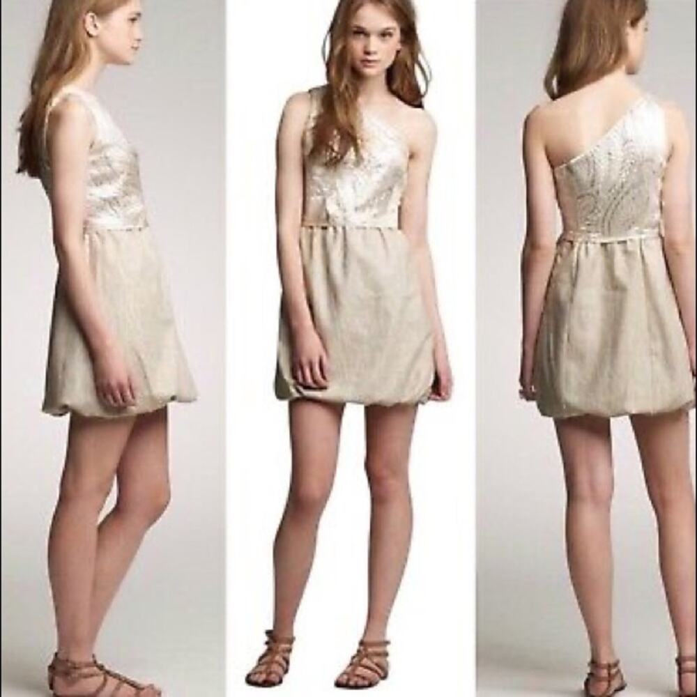 J Crew Collection One Shoulder Silk/Linen/Metallic Gold Mini Dress